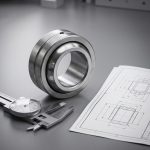 Hardened steel radial spherical plain bushing next to a caliper and a parts diagram on a workbench