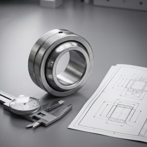 Hardened steel radial spherical plain bushing next to a caliper and a parts diagram on a workbench
